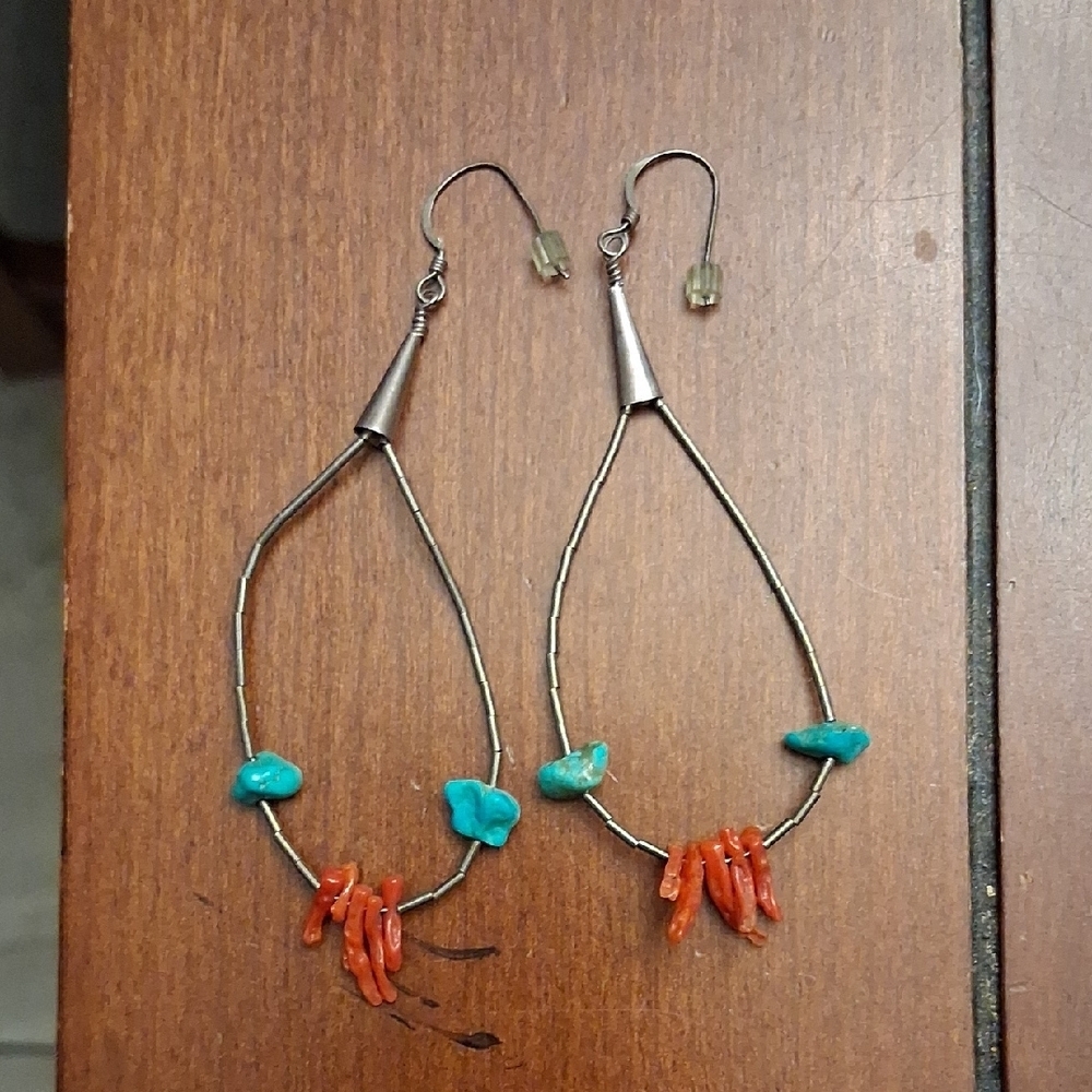 Elegant Silver Earrings with Turquoise and Coral Accents